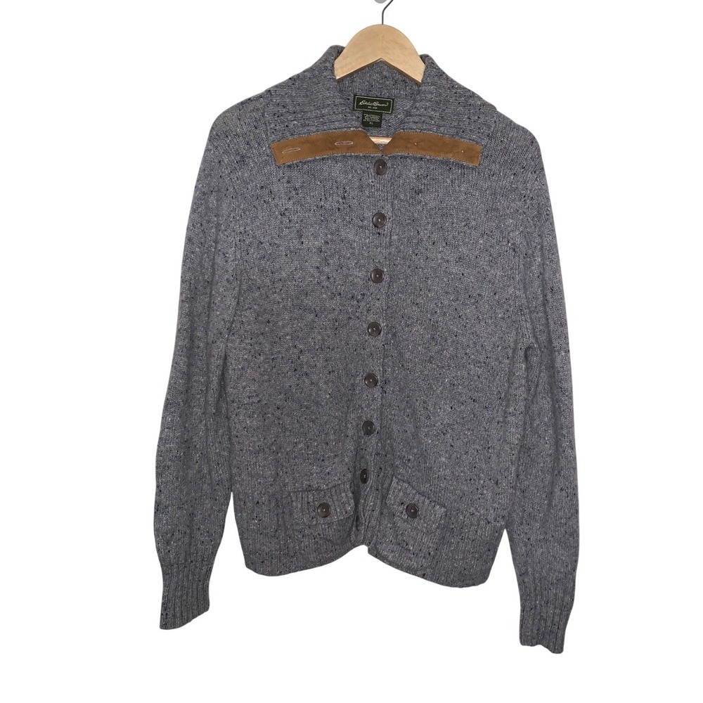 Eddie Bauer Mens‎ XL Gray Lambswool Cashmere Donegal Cardigan Sweater Suede Trim